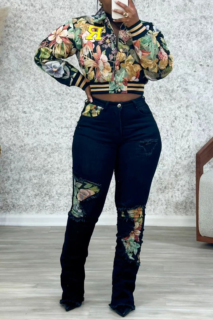 Stylish Print Patchwork Ripped High Waist Jeans