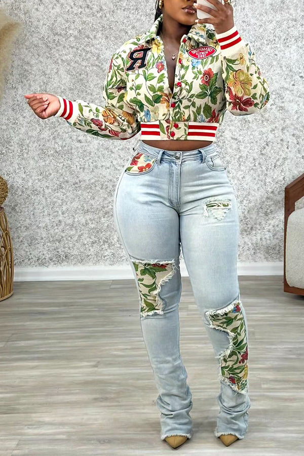 Stylish Print Patchwork Ripped High Waist Jeans