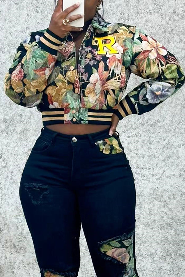 Retro Floral Print Collared Bomber Jacket