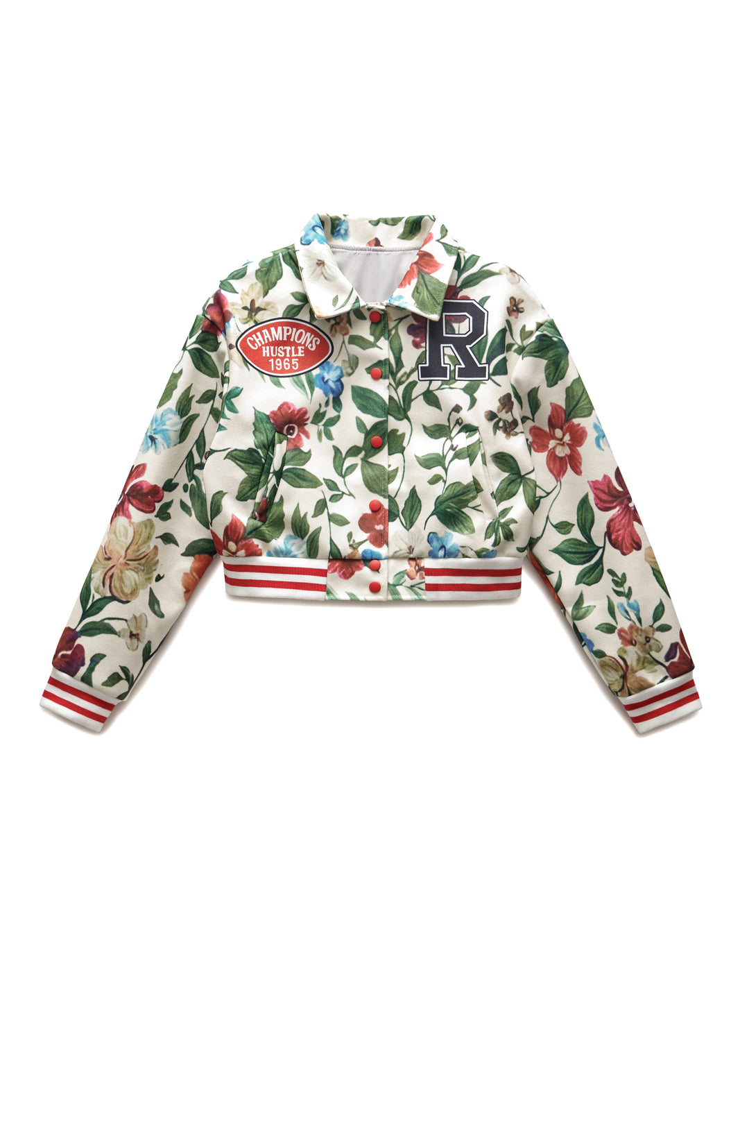 Retro Floral Print Collared Bomber Jacket