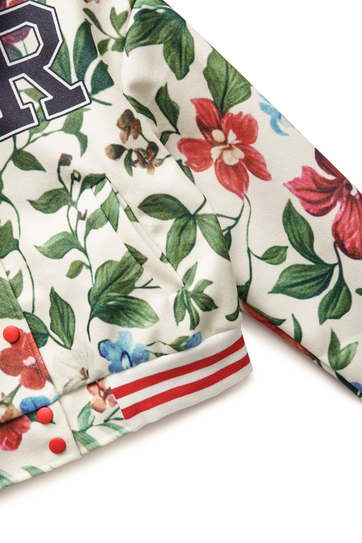 Retro Floral Print Collared Bomber Jacket