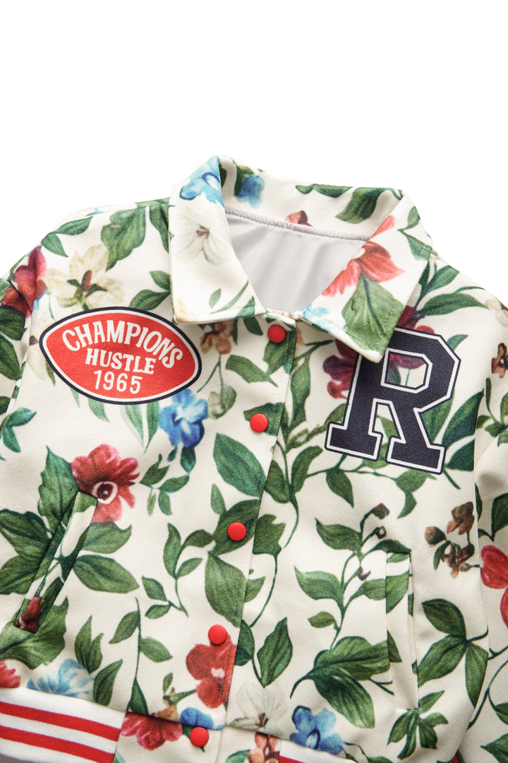 Retro Floral Print Collared Bomber Jacket