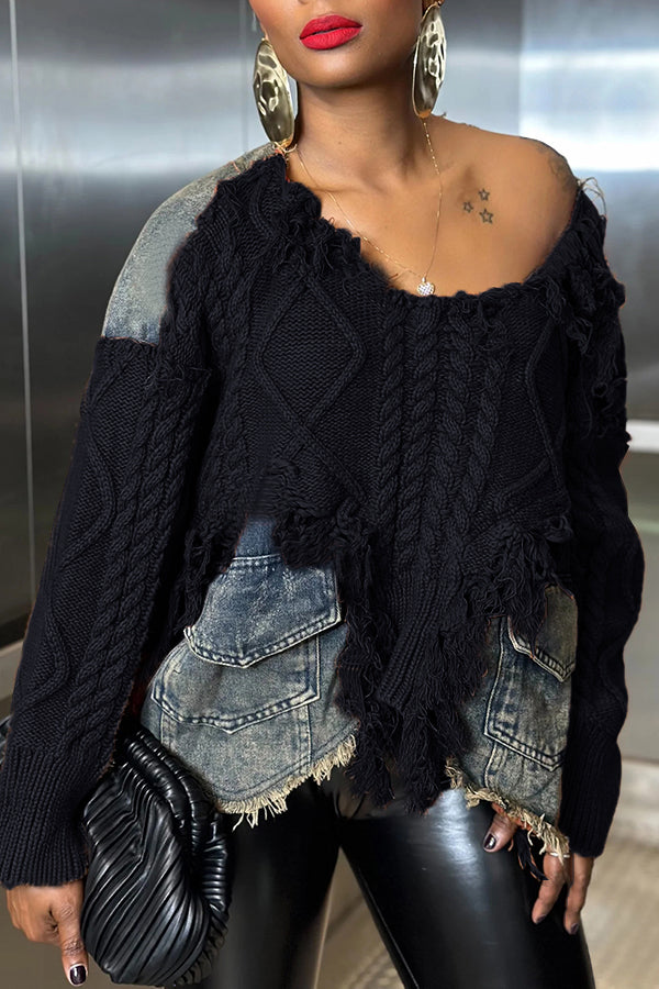 Retro Denim Patchwork Long Sleeve Sweater