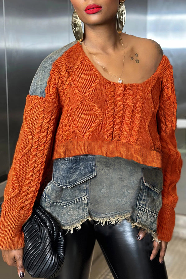 Retro Denim Patchwork Long Sleeve Sweater