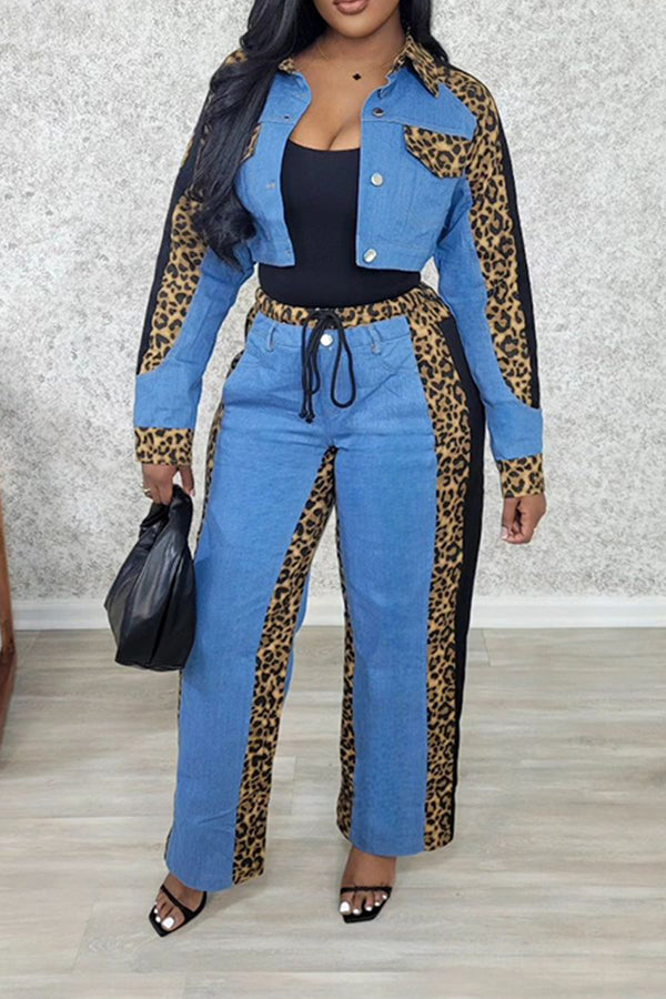 Leopard Print Patchwork Denim Short Jacket & Pants Set