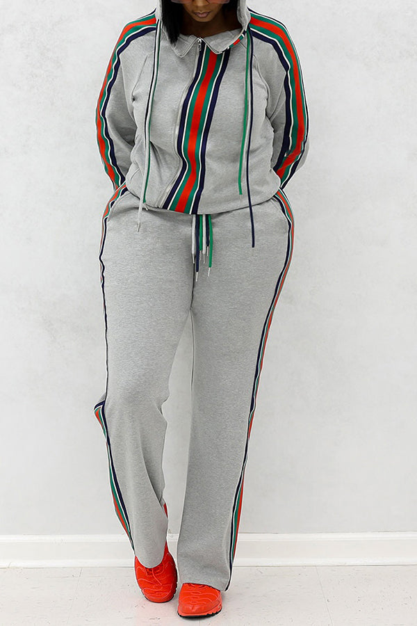 Stylish Color Blocking Side Stripe Coat & Pants Set