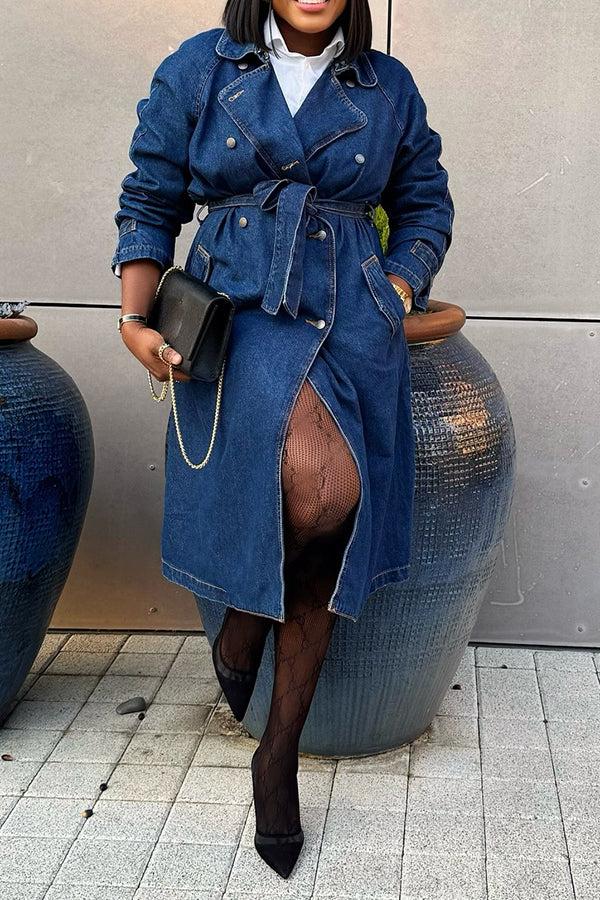 Stylish Waist Cinching Long Sleeve Denim Trench Coat