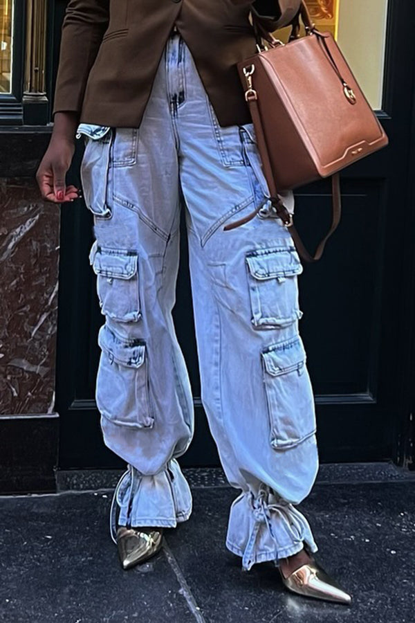 Street Style Multi-pocket Drawstring Work Jeans