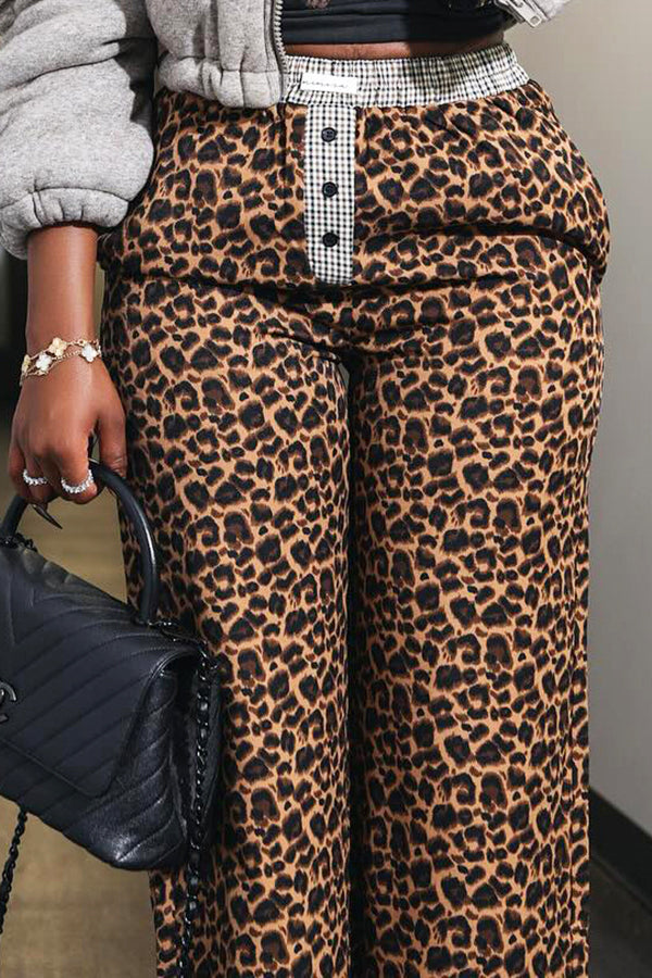 Fashionable Leopard Print Patchwork Plaid Pants