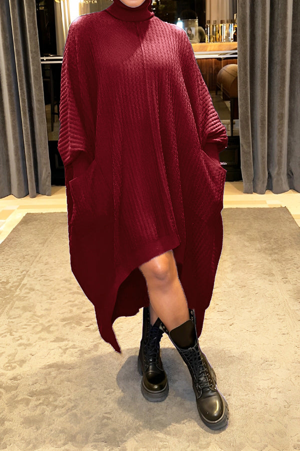 Stylish High Neck Solid Long Sleeve Knit Dress