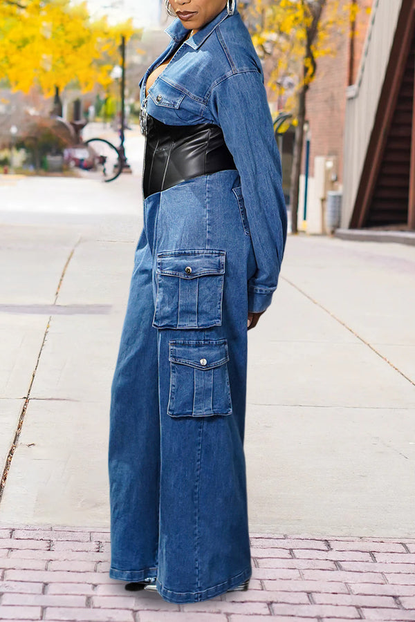 Retro Pocket Denim Paneled Zippered Jumpsuit