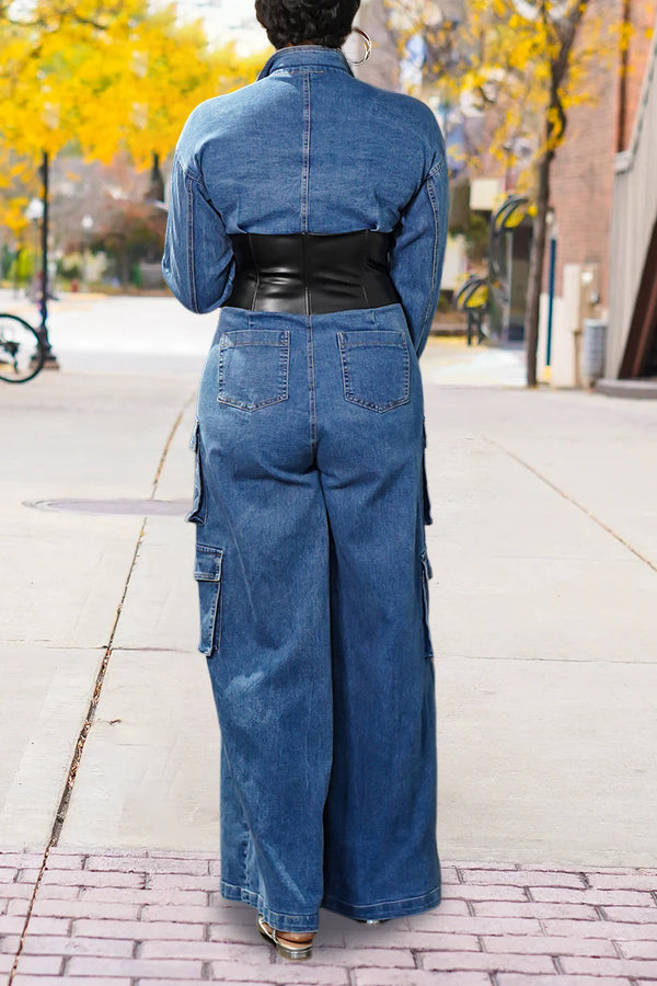 Retro Pocket Denim Paneled Zippered Jumpsuit