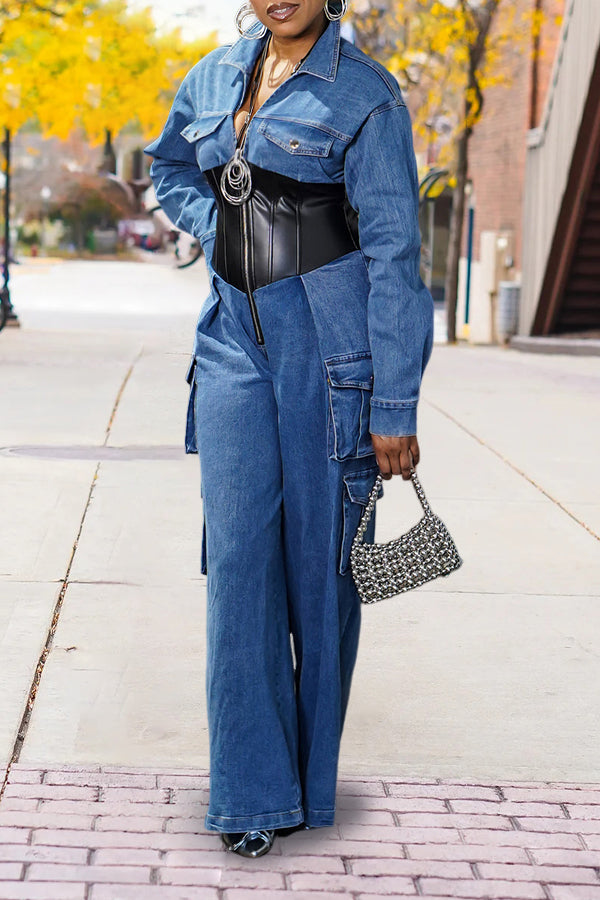 Retro Pocket Denim Paneled Zippered Jumpsuit