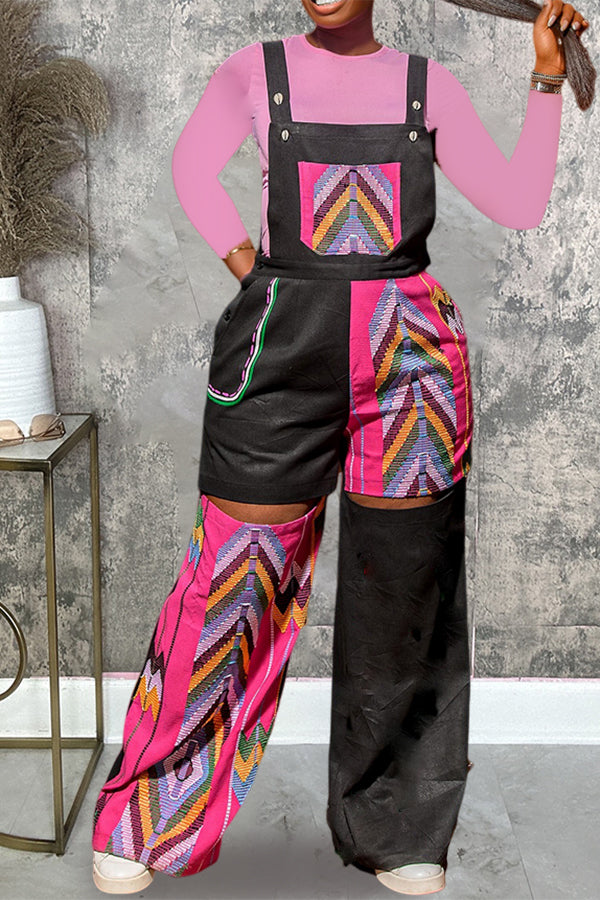 Unique Patchwork Geometric Pattern Split Overalls