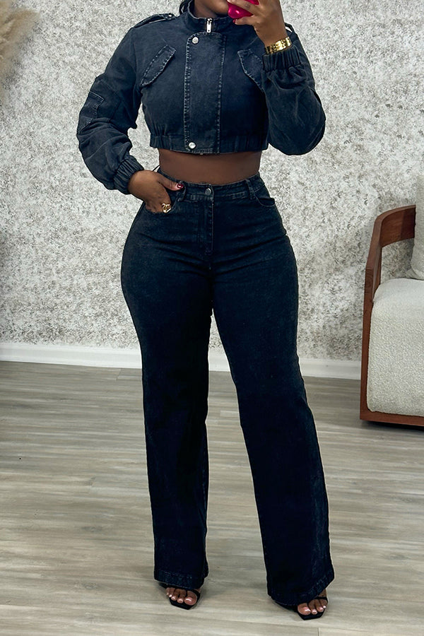 Retro Zippered Denim Short Jacket & Pants Set