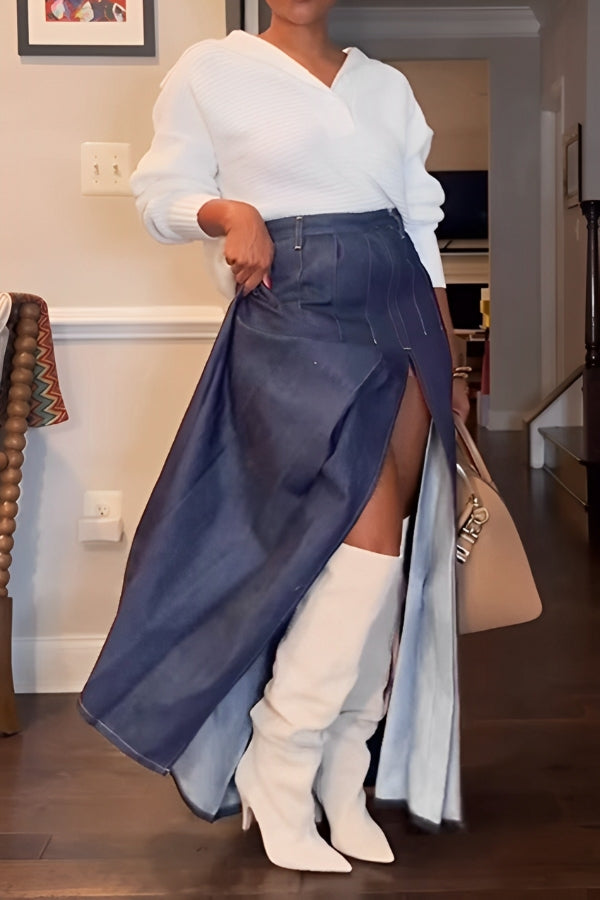 Elegant Lotus Leaf Pleated High Slit Denim Skirt