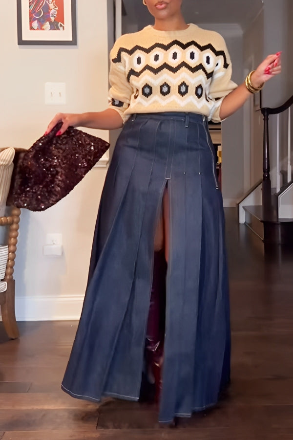 Elegant Lotus Leaf Pleated High Slit Denim Skirt