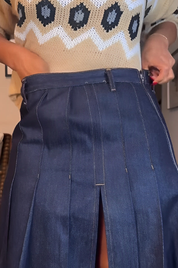 Elegant Lotus Leaf Pleated High Slit Denim Skirt