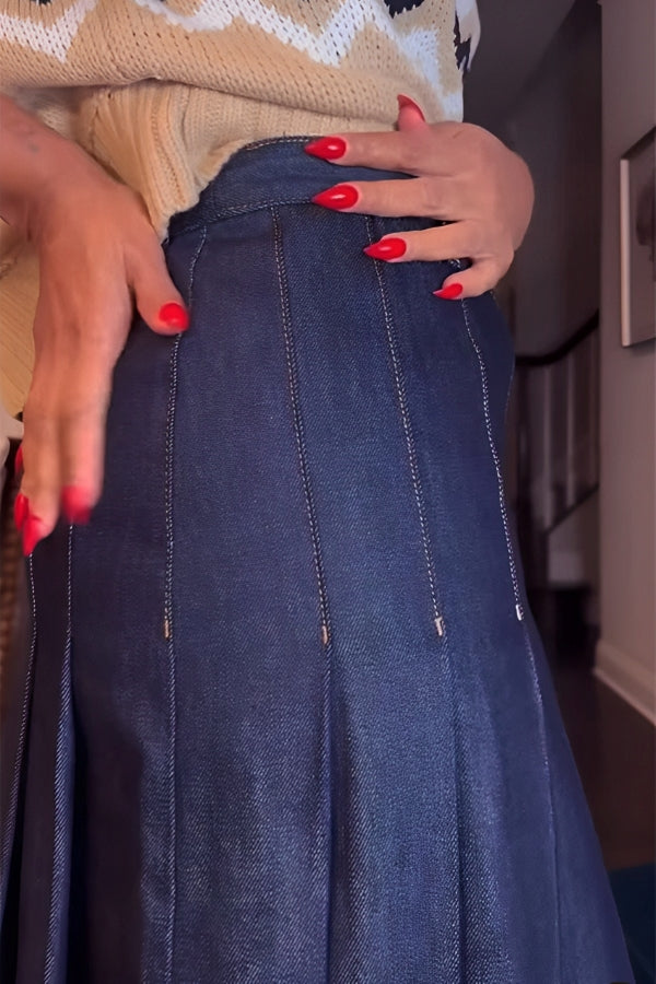 Elegant Lotus Leaf Pleated High Slit Denim Skirt