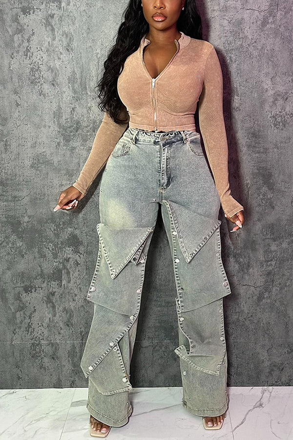 Unique Patchwork Pleated High-Waist Jeans