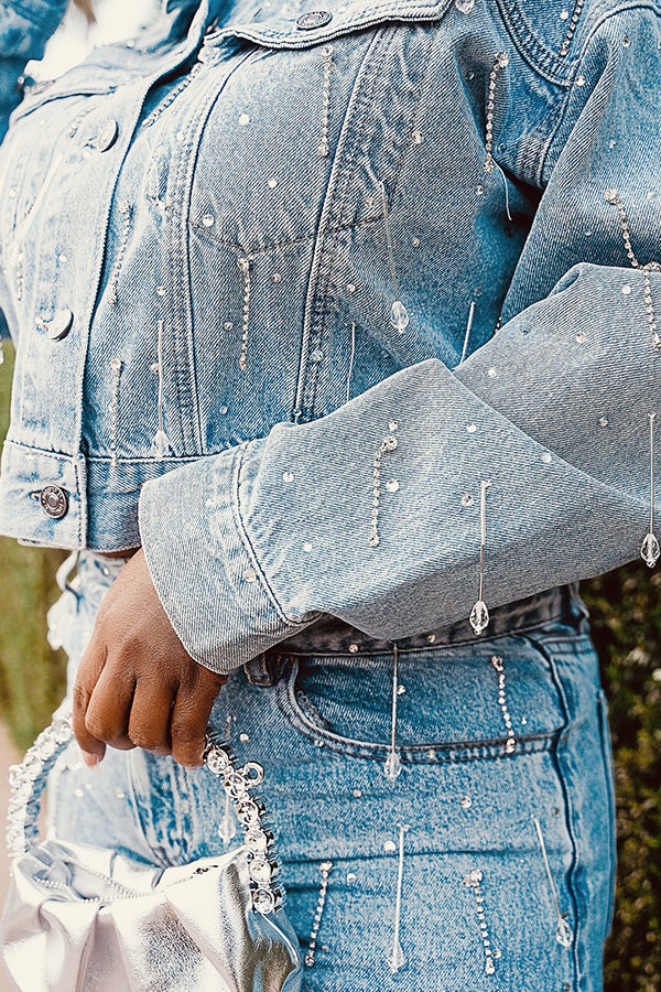 Stylish Short Puff Crystal Diamond Denim Jacket