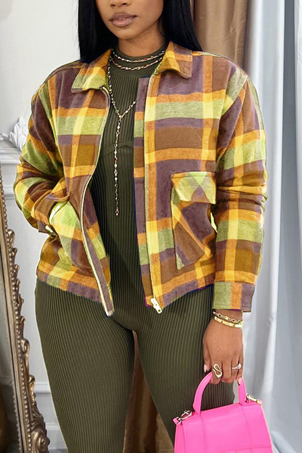 Casual Color-block Plaid Shirt Jacket