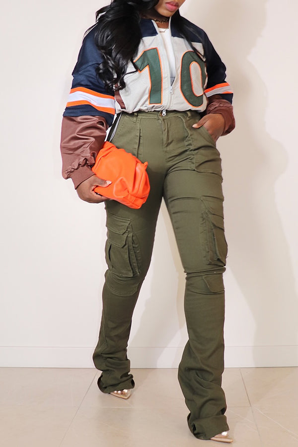 Sporty Color-block Number Print Zipper Baseball Jacket