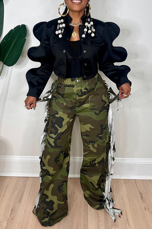 Rebellious High-waist Fringe Side Camouflage Pants