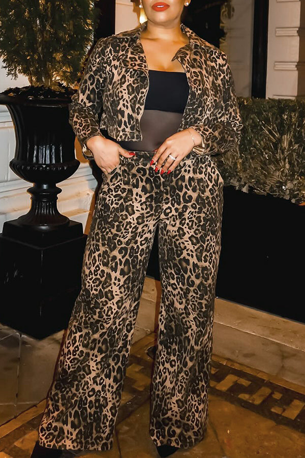 Stylish Leopard Print Short Jacket & Loose Pants Set