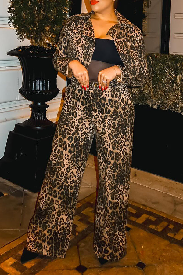 Stylish Leopard Print Short Jacket & Loose Pants Set