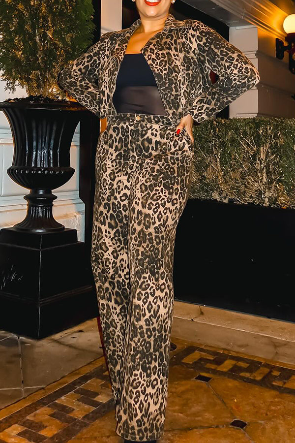 Stylish Leopard Print Short Jacket & Loose Pants Set