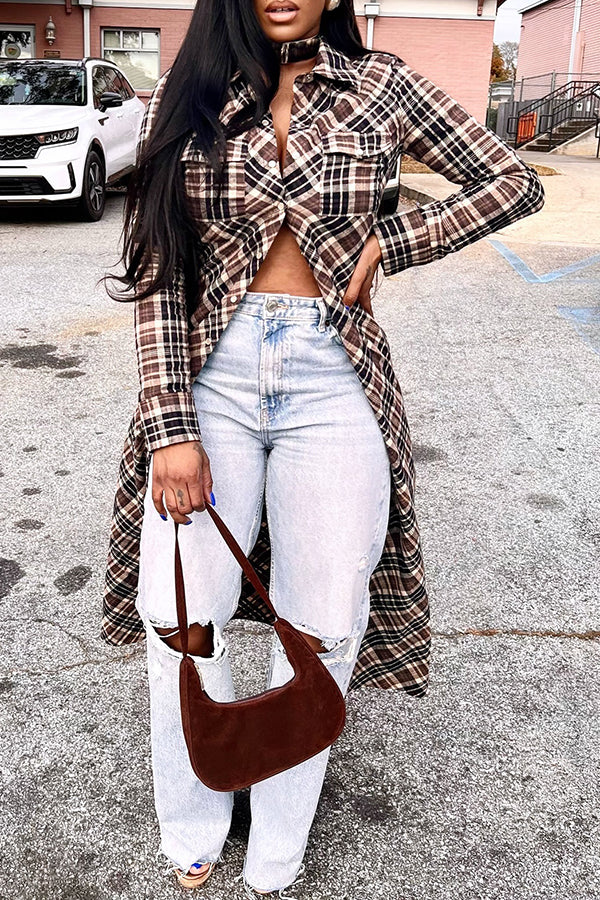 Fashionable Irregular Colorblock Plaid Long Shirt