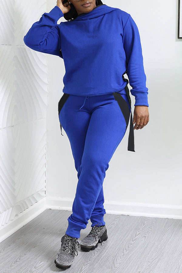 Casual Ribbon Hoodie & Drawstring Sweatpants Set