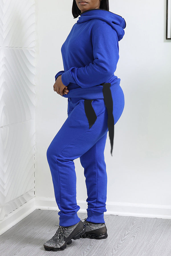 Casual Ribbon Hoodie & Drawstring Sweatpants Set