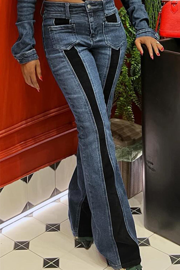 Fashion High-Waisted Color-Blocked Slim Jeans