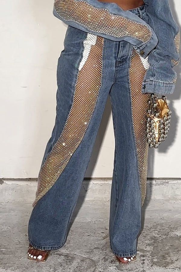 Fashion Patchwork Sequined Mesh Loose Jeans