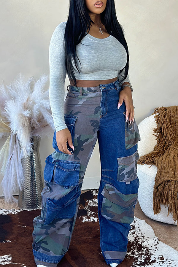 Fashion Unisex Camouflage Patchwork Jeans