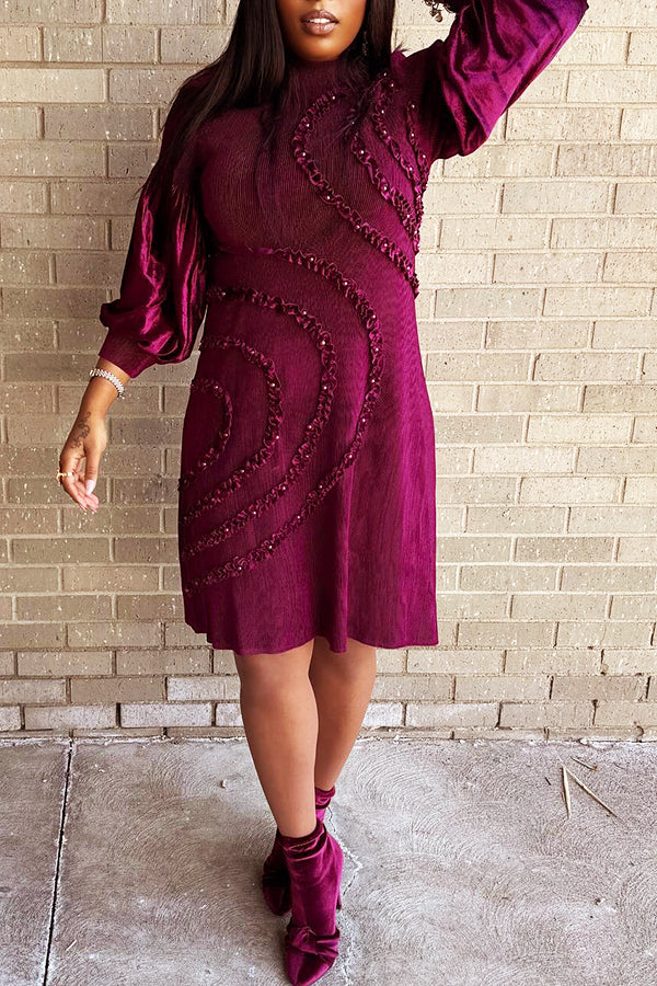 Elegant High-Neck Embroidered Velvet Dress