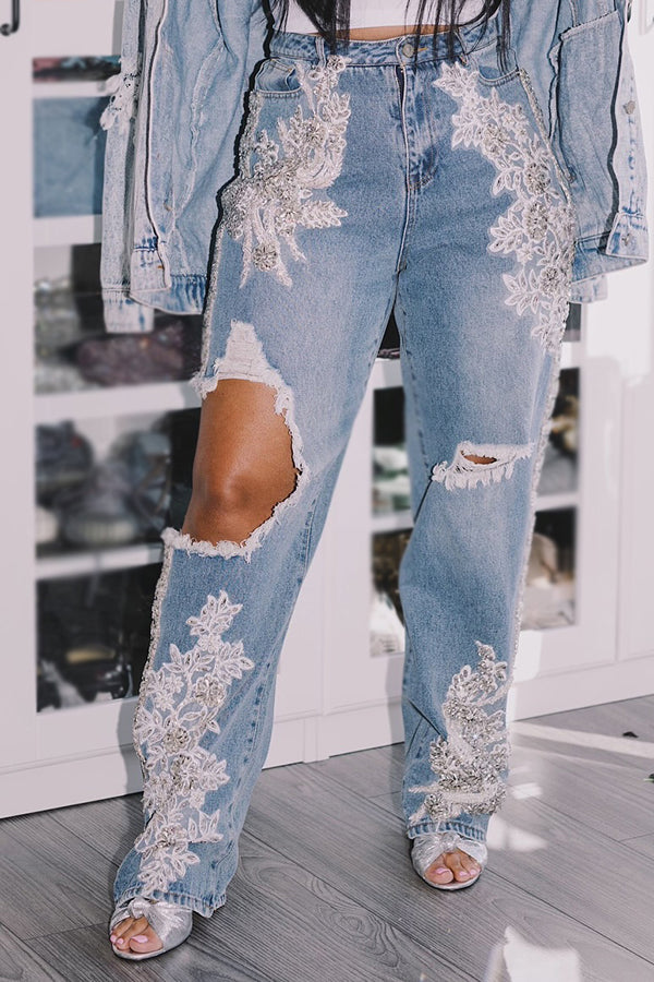 Street Fashion Lace Flower Patch Ripped Jeans