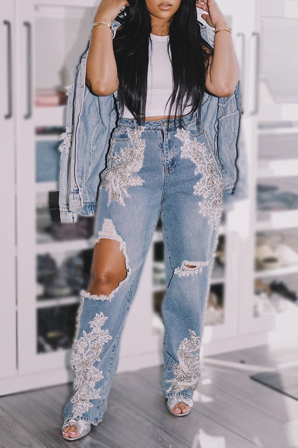 Street Fashion Lace Flower Patch Ripped Jeans