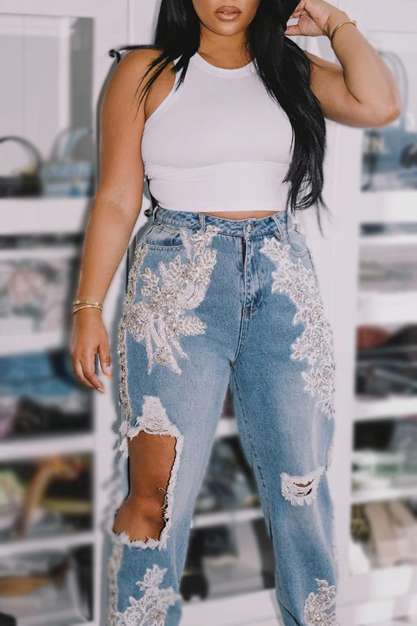 Street Fashion Lace Flower Patch Ripped Jeans