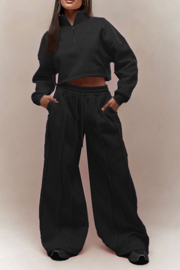 Fashionable Stand-collar Sweatshirt & Stripe Seam Sweatpants Set