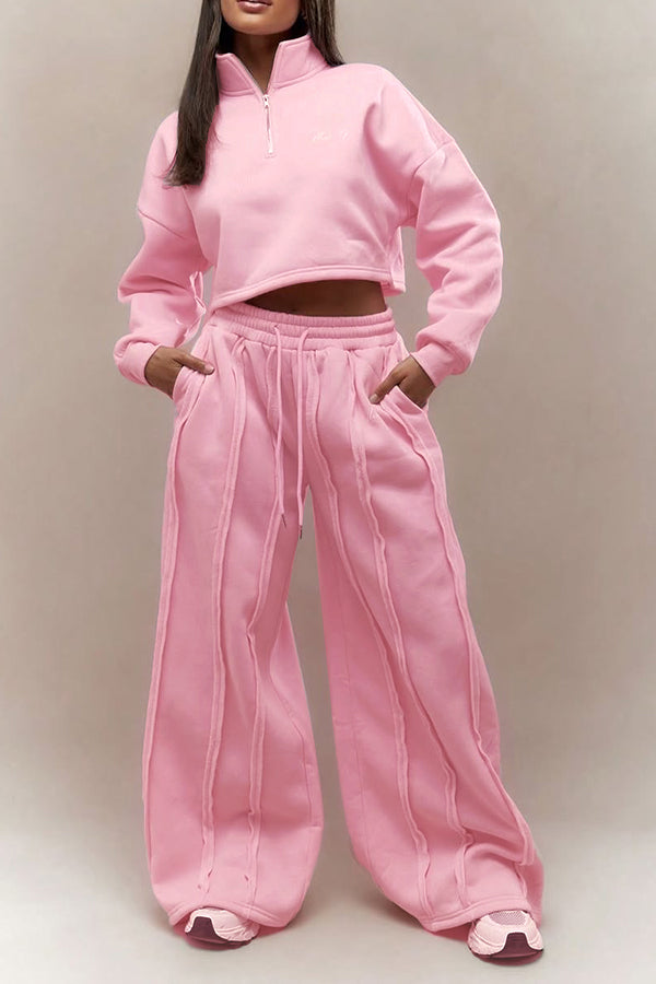 Fashionable Stand-collar Sweatshirt & Stripe Seam Sweatpants Set