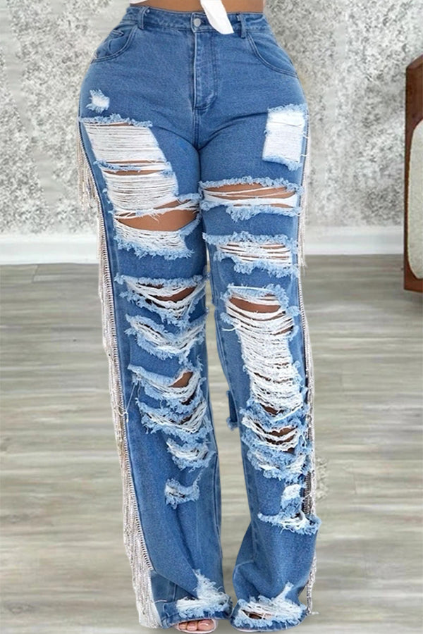 Fashion Ripped Fringe Jeans