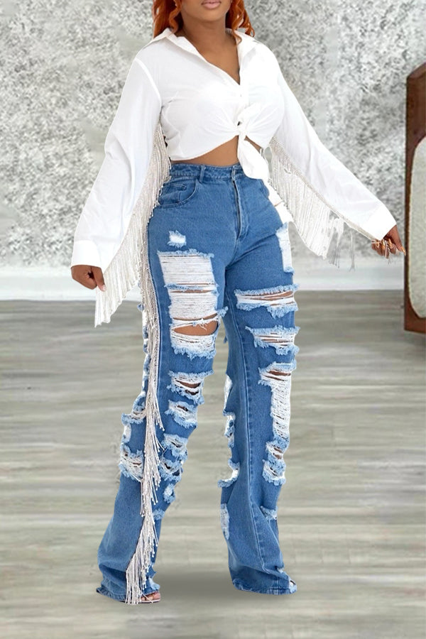 Fashion Ripped Fringe Jeans