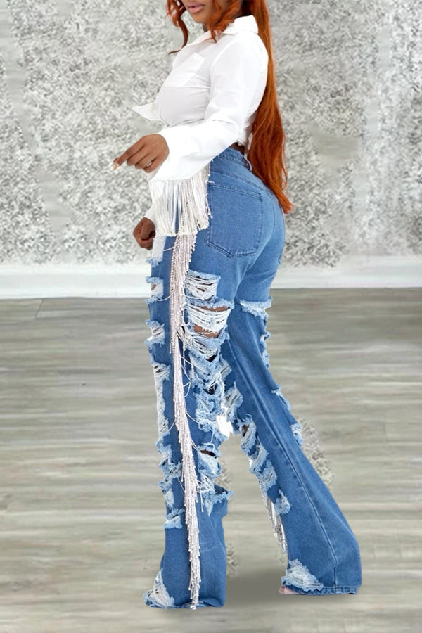 Fashion Ripped Fringe Jeans