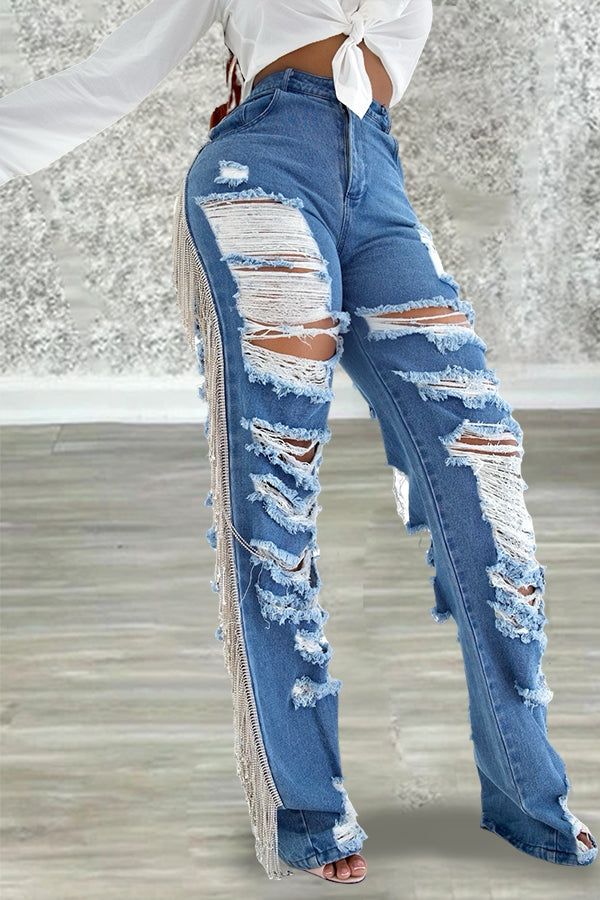 Fashion Ripped Fringe Jeans