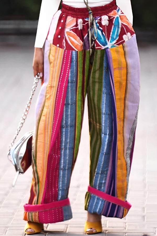 Fashionable Belted Color-Block Print Loose Pants