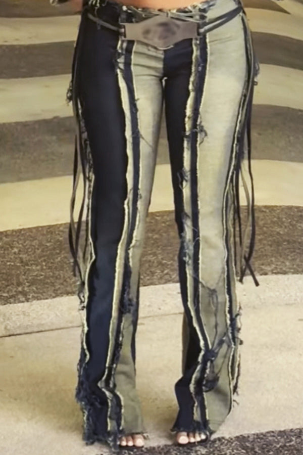 Trendy Patchwork Fringe Jeans