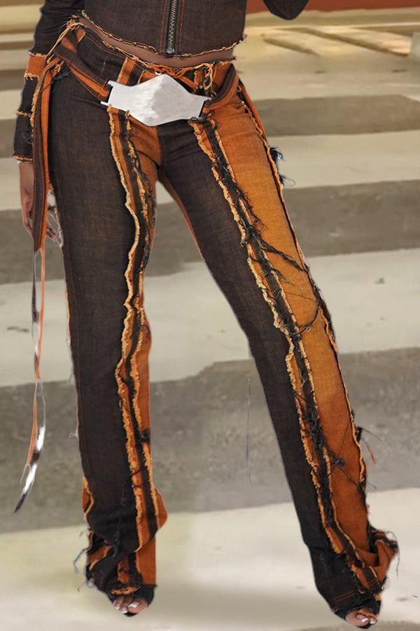 Trendy Patchwork Fringe Jeans